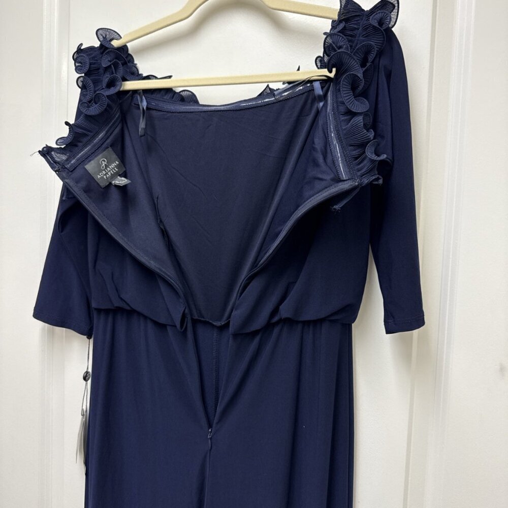 New ADRIANNA PAPELL Size 8 Navy Chiffon Ruffle Wide Leg Off Shoulder Jumpsuit - Picture 8 of 11